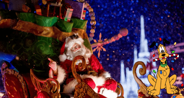Santa waves from his festive sleigh filled with gifts, inviting guests to celebrate, while Pluto eagerly clutches candy canes in the corner, ready for the magic of Mickey’s Very Merry Christmas Party at Magic Kingdom.