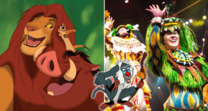 Simba, Timon, and Pumbaa from The Lion King join vibrant, animal-inspired performers onstage in a dazzling live show at Disney’s Animal Kingdom.