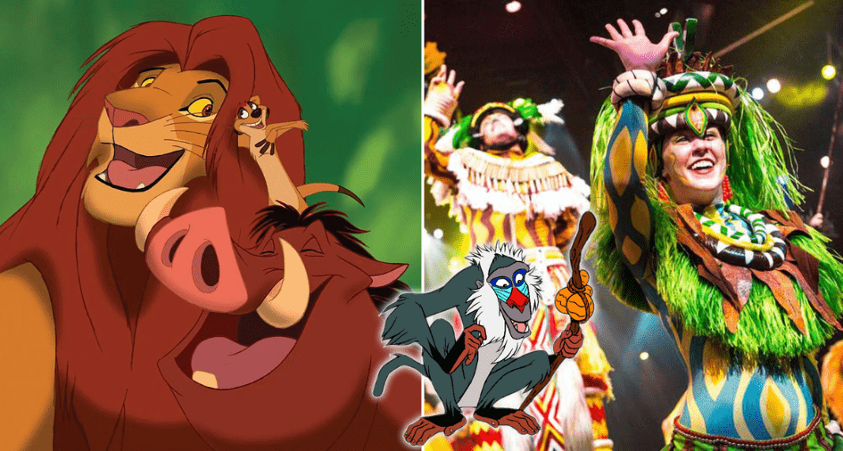 Simba, Timon, and Pumbaa from The Lion King join vibrant, animal-inspired performers onstage in a dazzling live show at Disney’s Animal Kingdom.