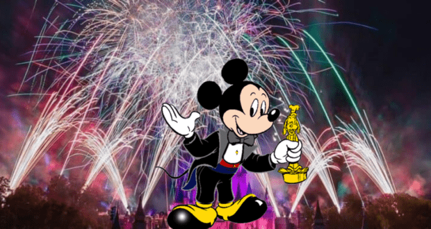 Mickey Mouse proudly holds a trophy in front of dazzling fireworks lighting up the night sky at the Disney castle, celebrating Disney Cruise Line’s latest awards with fans.