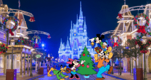 Mickey Mouse and beloved Disney characters celebrate the holidays by decorating a sparkling Christmas tree with magical ornaments along Main Street, as Cinderella Castle glows brightly in the background, creating a festive winter wonderland at Disney World.