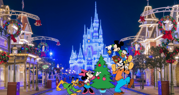 Mickey Mouse and beloved Disney characters celebrate the holidays by decorating a sparkling Christmas tree with magical ornaments along Main Street, as Cinderella Castle glows brightly in the background, creating a festive winter wonderland at Disney World.