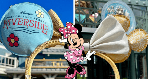 Split image featuring Riverside Mouse Ears on the left and sparkling gold Minnie ears on the right, with a classic Minnie Mouse cartoon at the center—serving up major Disney Parks shopping inspiration for fans planning their next magical visit.