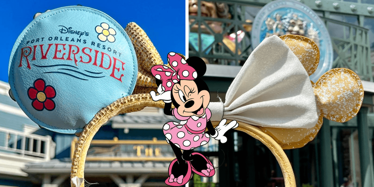 Split image featuring Riverside Mouse Ears on the left and sparkling gold Minnie ears on the right, with a classic Minnie Mouse cartoon at the center—serving up major Disney Parks shopping inspiration for fans planning their next magical visit.