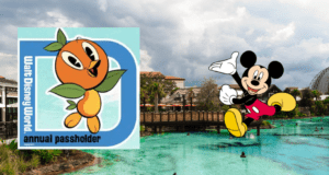 Mickey Mouse leaps joyfully by the water at Disney World, with the Passholder logo and a special Orange Bird Magnet proudly displayed on the left.