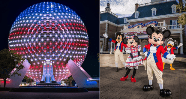 Spaceship Earth glows in dazzling red, white, and blue as the iconic sphere sets a patriotic stage for Mickey, Minnie, and friends dressed in festive USA-themed outfits at Epcot.