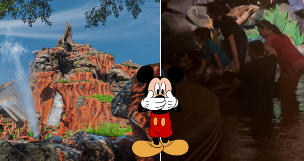 Split image featuring Splash Mountain at Disney World on the left in daylight, with guests wading through water inside the ride on the right following a rare sinking incident, and Mickey Mouse greeting visitors in the center.