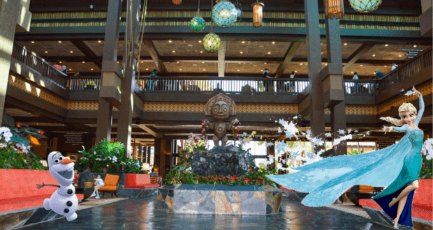 Elsa and Olaf from Frozen greet guests in a tropical-themed Disney Resort lobby, complete with a whimsical tiki statue and signature Disney magic.