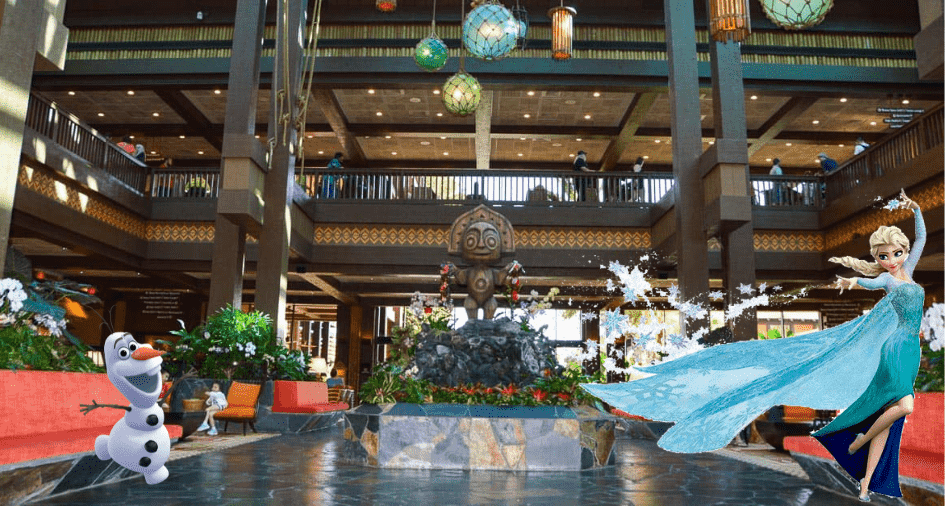 Elsa and Olaf from Frozen greet guests in a tropical-themed Disney Resort lobby, complete with a whimsical tiki statue and signature Disney magic.
