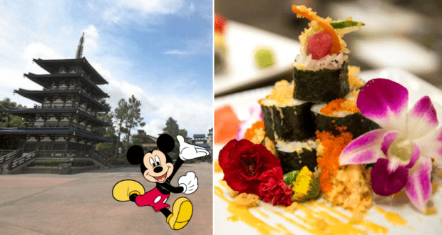 Mickey Mouse stands beside a traditional Asian pagoda at Disney World, with beautifully arranged sushi rolls and vibrant flowers presented on a nearby plate.