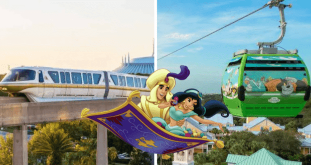 Disney magic in motion: the legendary monorail, Skyliner gondola, and Aladdin soaring with Jasmine on their magic carpet all burst onto the scene, each dramatically split into two halves for a dynamic look at Disney Transportation.