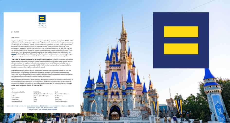 A letter featuring the Human Rights Campaign logo is displayed next to Cinderella Castle at Disney World, with an additional HRC emblem, showcasing Disney’s public endorsement of Respect for Marriage to park guests and fans.