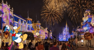 Donald Duck greets excited fans along a vibrant Main Street at night, while dazzling fireworks illuminate Cinderella Castle and the surrounding crowd, capturing the enchantment of Disney World’s extended evening celebrations.