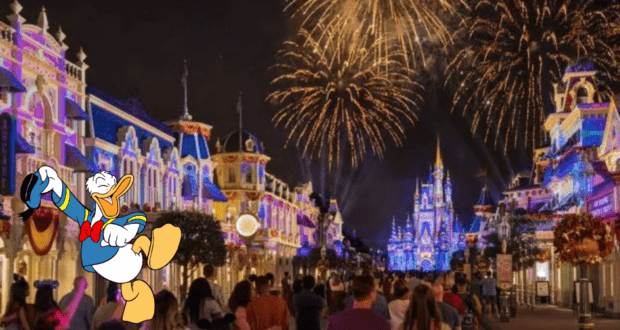 Donald Duck greets excited fans along a vibrant Main Street at night, while dazzling fireworks illuminate Cinderella Castle and the surrounding crowd, capturing the enchantment of Disney World’s extended evening celebrations.