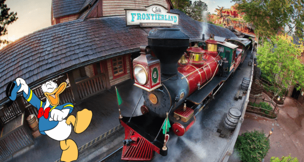 Donald Duck enthusiastically waves to guests beside the iconic red Walt Disney World Railroad steam train at a bustling Disney World station.