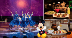 Join the magic of Animated Evenings at Disney World as Mickey Mouse lights up the stage alongside energetic dancers, set against a festive backdrop of tacos, nachos, chicken, and delicious desserts.