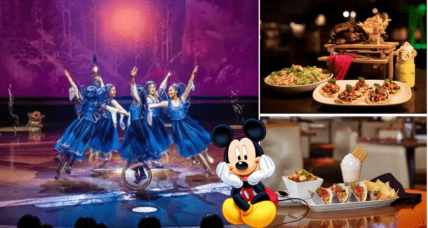 Join the magic of Animated Evenings at Disney World as Mickey Mouse lights up the stage alongside energetic dancers, set against a festive backdrop of tacos, nachos, chicken, and delicious desserts.