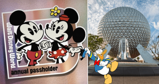Mickey and Minnie Mouse, with Donald Duck, posed in front of Epcot’s iconic geodesic sphere at Disney World—a must-have sticker for Disney Annual Passholders seeking the perfect addition to their magnet collection.