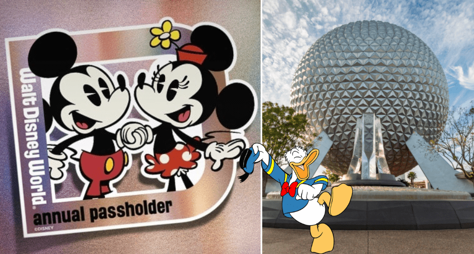 Mickey and Minnie Mouse, with Donald Duck, posed in front of Epcot’s iconic geodesic sphere at Disney World—a must-have sticker for Disney Annual Passholders seeking the perfect addition to their magnet collection.
