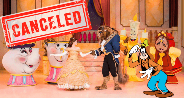 The Beauty & the Beast Live on Stage show at Disney’s Hollywood Studios features a big "CANCELED" stamp across the marquee, while Goofy stands in front with a surprised expression.