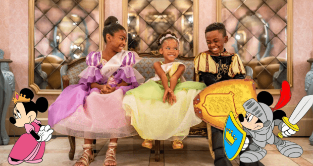 Three happy kids dressed as princesses and a knight sit together on a bench at the Bibbidi Bobbidi Boutique in Magic Kingdom, surrounded by playful Mickey Mouse decorations that add to the magical Disney atmosphere.