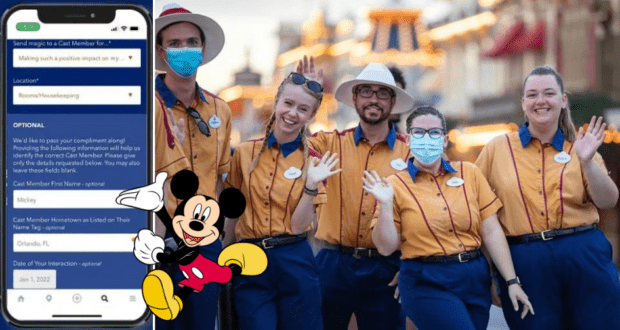 Five cheerful Disneyland Cast Members in yellow shirts pose together, with a smartphone and Mickey Mouse graphic in the foreground celebrating a magical Cast Compliment moment at the park.