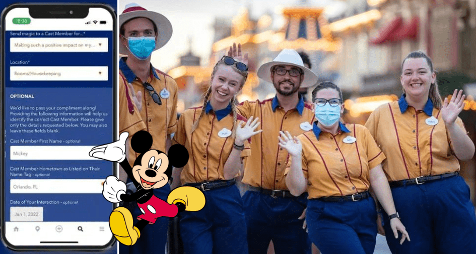 Five cheerful Disneyland Cast Members in yellow shirts pose together, with a smartphone and Mickey Mouse graphic in the foreground celebrating a magical Cast Compliment moment at the park.
