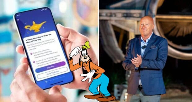 A guest holds a phone displaying the Bob Chapek Genie+ app, with Goofy posing in front of an executive in a suit outside at a Disney park.