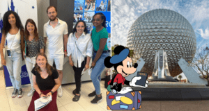 A group of enthusiastic Disney Cultural Representatives beams together indoors, celebrating their role in bringing global culture to Walt Disney World; Mickey Mouse appears with a passport in hand; the iconic Epcot Spaceship Earth gleams beneath a bright blue sky.