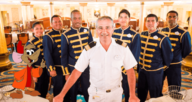 Seven Disney Cast Members in full costume join their captain in an opulent Disney resort lounge, while Mickey Mouse appears on the left, adding signature magic to the scene.