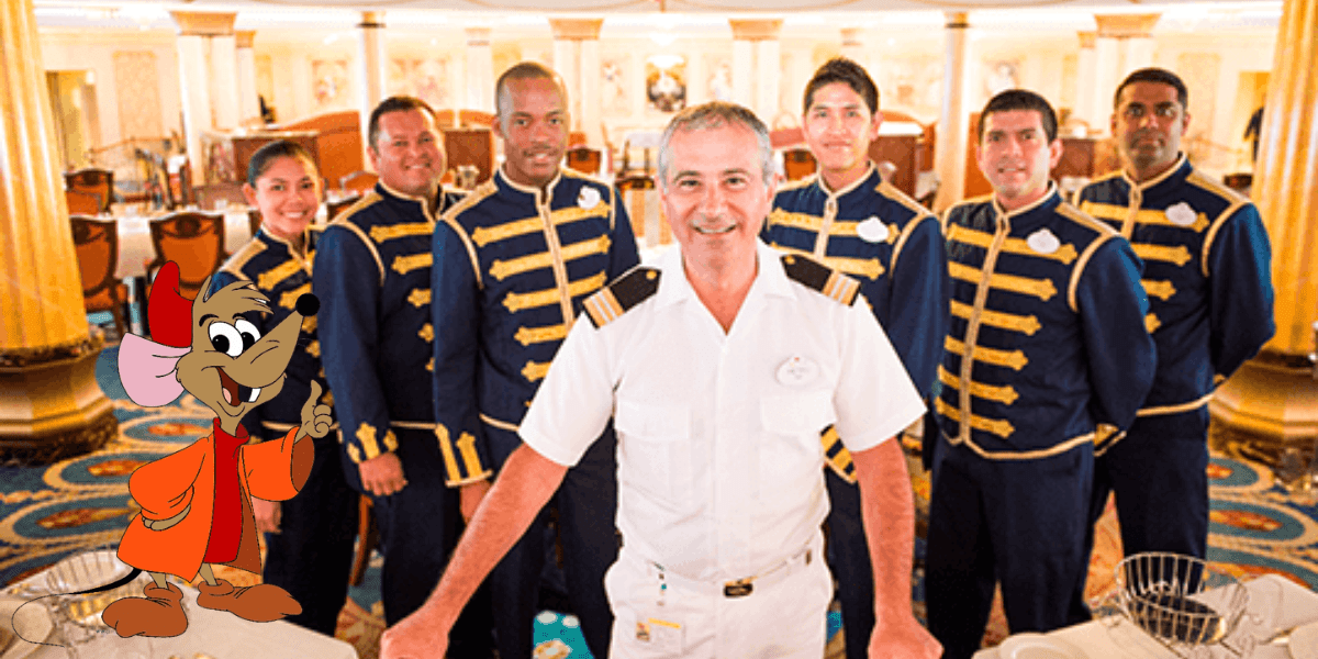 Seven Disney Cast Members in full costume join their captain in an opulent Disney resort lounge, while Mickey Mouse appears on the left, adding signature magic to the scene.