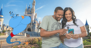 A cheerful couple enjoys Disney World, checking their Disney Genie+ schedule on their phone as the magical Genie from Aladdin floats beside them, with Cinderella Castle towering in the background.