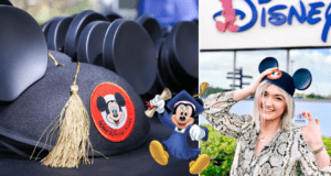 Graduates celebrate the Disney College Program with festive caps featuring iconic Mickey ears, Minnie Mouse sporting her own graduation cap, and a cast member beaming as she proudly displays her Disney name badge.
