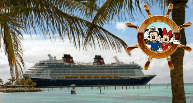 A Disney Cruise Line ship glides across vibrant blue waters, framed by a tropical palm tree, with an overlay featuring a whimsical Captain Mickey and Minnie steering the iconic cruise ship wheel—inviting guests to experience the magic of Disney at sea.