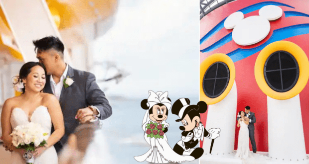 A newlywed couple poses aboard a Disney Cruise Line ship, surrounded by vibrant Disney Cruise Line Wedding décor and whimsical Mickey Mouse-themed accents, capturing the magic of a Disney fairy tale celebration at sea.
