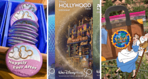 Three images highlight must-have Disney park freebies: collectible Disney pins, an official Hollywood Studios map from Walt Disney World, and Belle greeting guests with a Kidcot Fun Stop bag.