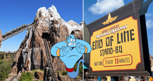 Genie stands looking frustrated beside a snowy Expedition Everest roller coaster at Disney’s Animal Kingdom, eyeing a sign for a 1 hour 15 minute wait and clearly wishing he’d used Disney Genie+ to skip the long line.