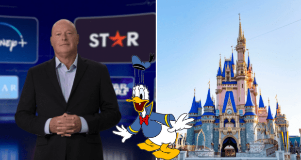 Disney+ logos highlight exclusive membership perks, with Donald Duck and the iconic Disney castle featured on the right, evoking the excitement of Disney parks and beloved characters.