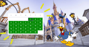 Donald Duck poses in front of Cinderella Castle at Disney World, next to a calendar filled with green dates, signaling plenty of reservation availability for guests.