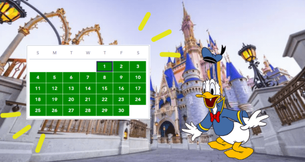 Donald Duck poses in front of Cinderella Castle at Disney World, next to a calendar filled with green dates, signaling plenty of reservation availability for guests.