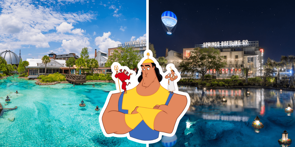 Disney Springs at Walt Disney World showcased in both daytime and nighttime settings, featuring Hercules characters as the focal point in the foreground.