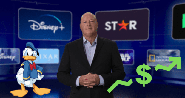 Donald Duck stands in front of a backdrop featuring popular streaming service logos, with a rising dollar sign and arrow illustrating the booming growth of Disney+ ad-supported subscriptions in today’s entertainment industry.