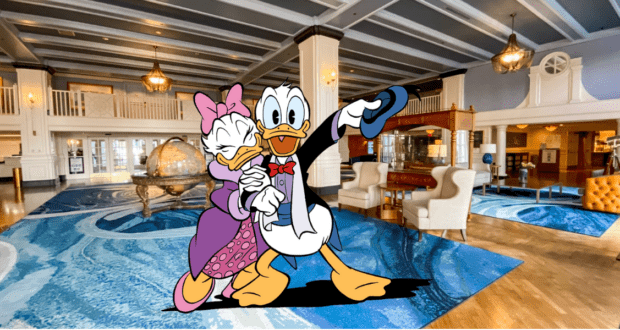Donald Duck and Daisy Duck greet guests in a glamorous hotel lobby at Walt Disney World, ready to embark on a magical Disney Dining experience.