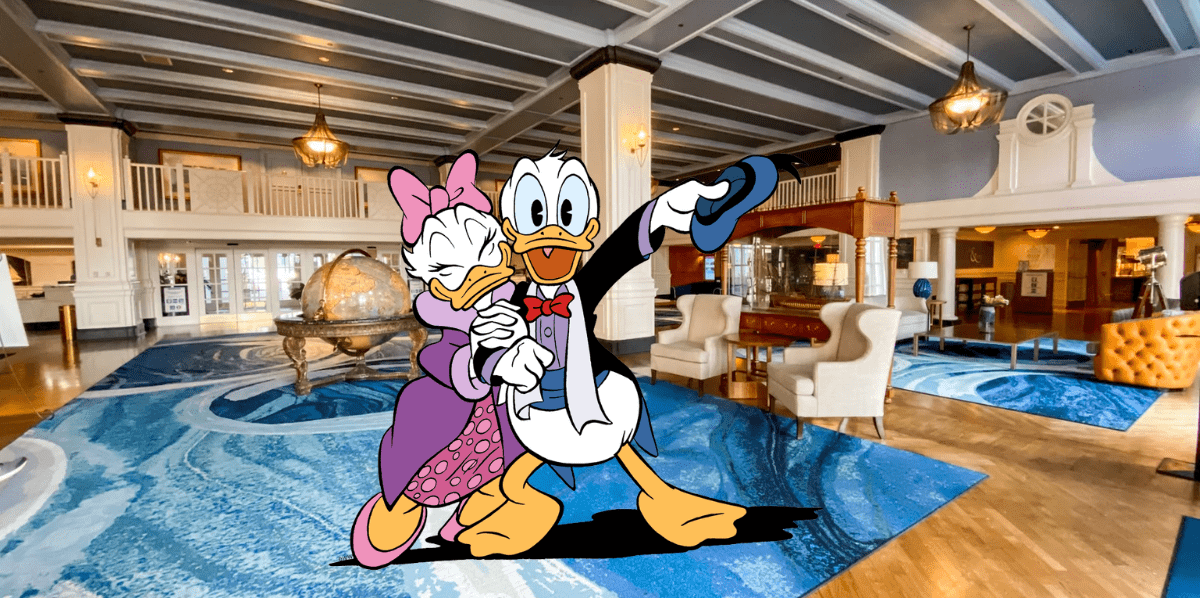 Donald Duck and Daisy Duck greet guests in a glamorous hotel lobby at Walt Disney World, ready to embark on a magical Disney Dining experience.