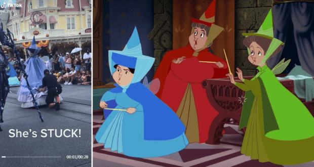 A Festival of Fantasy Parade fairy performer in a dazzling blue costume playfully appears stuck during the show, while three beloved animated fairies from the classic Disney cartoon join in nearby, adding magical whimsy to the Main Street celebration.