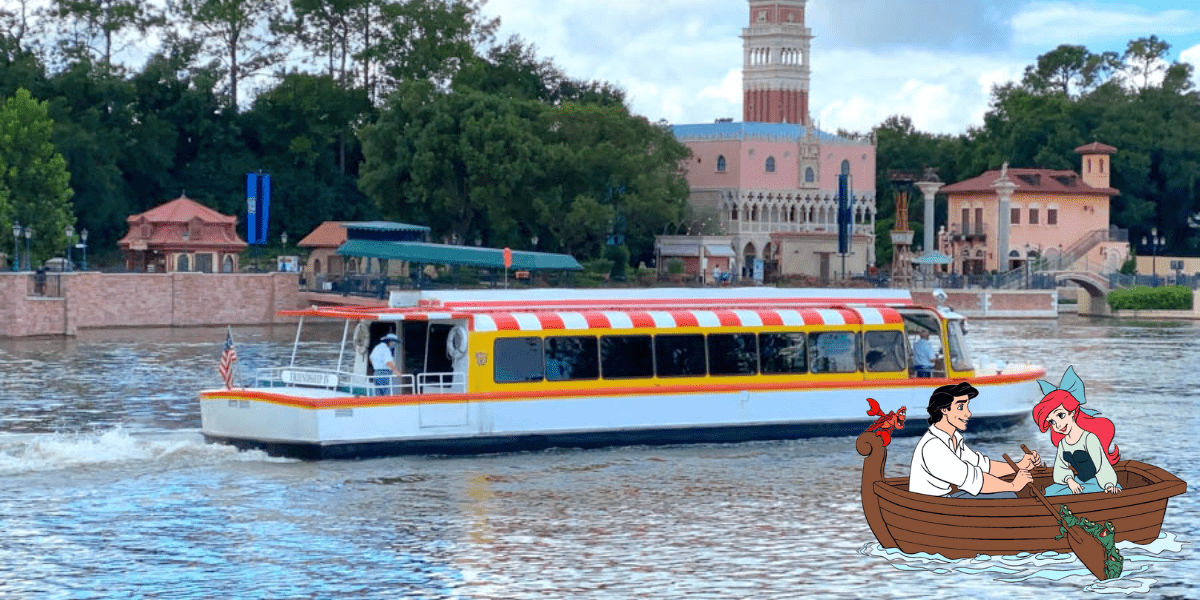 Ariel and Eric enjoy a romantic boat ride on the lake at EPCOT, capturing the magic of classic Disney transport scenes, as fellow guests take in the enchanting atmosphere around them.