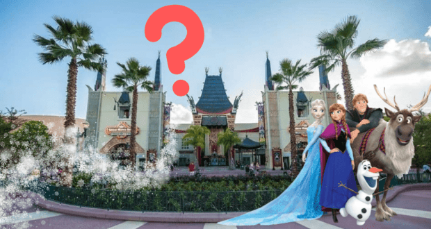 Anna and Elsa from Frozen pose outside a vibrant Disney theme park lined with palm trees, with a bold red question mark floating above them.
