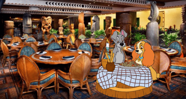 Lady and the Tramp share a plate of spaghetti at a whimsically themed, tropical restaurant featuring wooden accents, evoking the enchanting dining experience of Disney Resort restaurants.