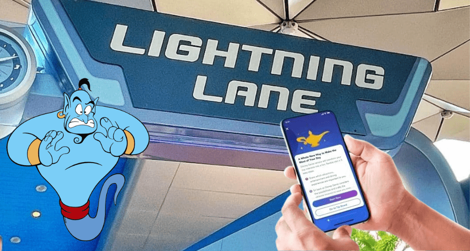 A guest using the Disney Genie+ app on their phone in front of a Lightning Lane sign, with the iconic Genie character appearing on the left.