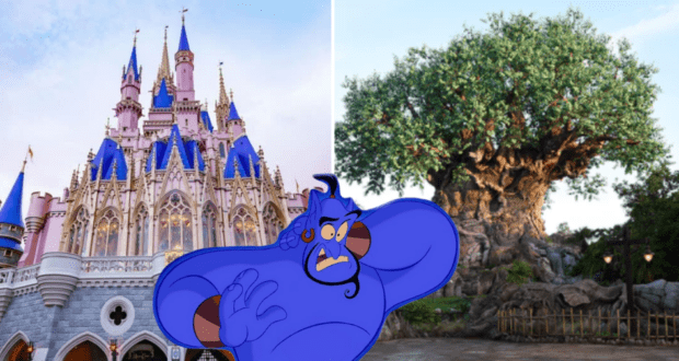Genie from Aladdin park hopping between Cinderella Castle at Magic Kingdom and the Tree of Life at Disney’s Animal Kingdom, with bright green leaves and a clear blue sky overhead.